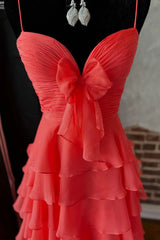 Red evening gown A-line Long Chiffon Tiered Senior Prom Dress with Bow Mychicdress