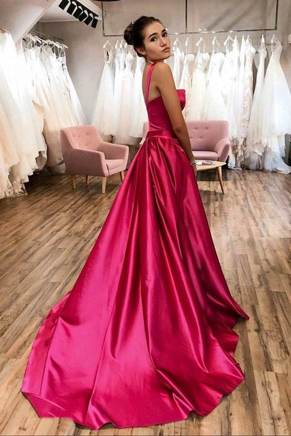 A-line Long Fuchsia Evening Dress UK Satin with Court Train