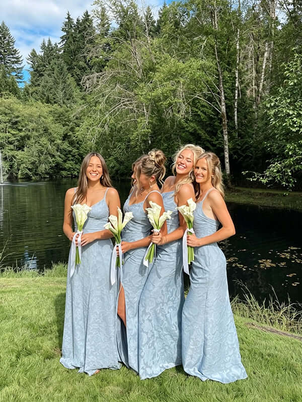 A-line Long Jacquard Blue Bridesmaid Dress Near Me