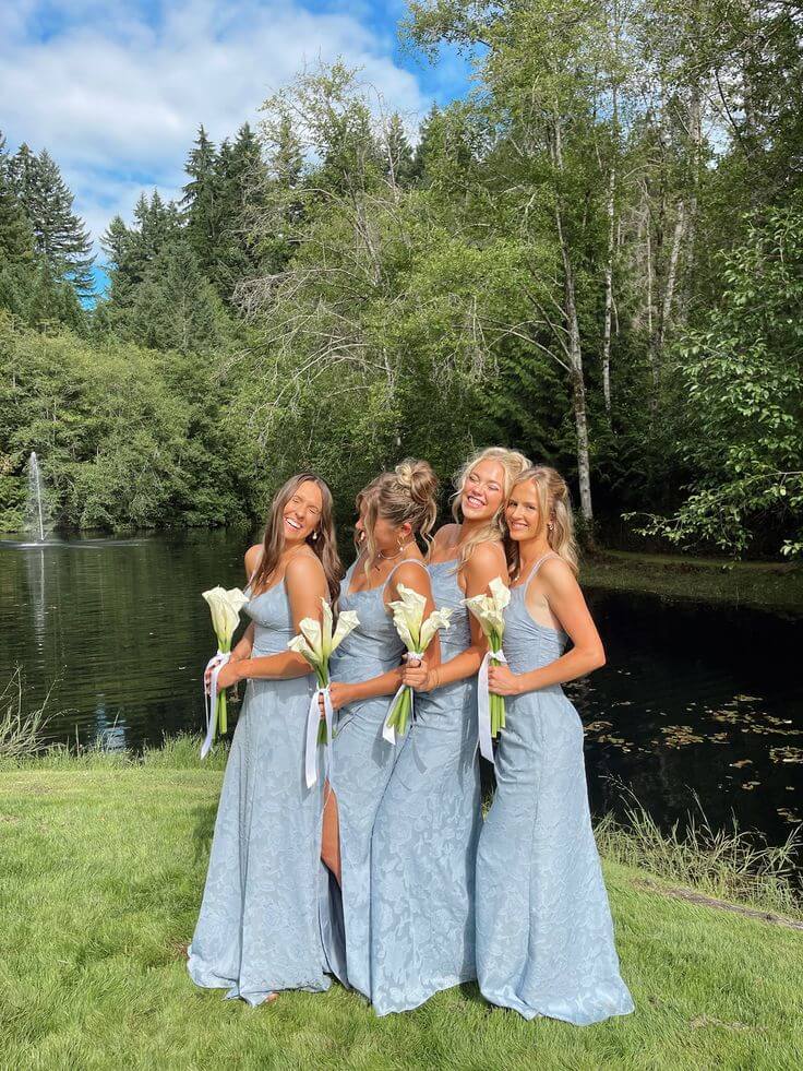 A-line Long Jacquard Blue Bridesmaid Dress Near Me
