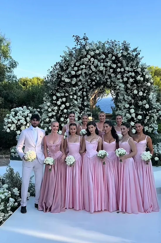 A-line Long Pink Bridesmaid Dress Lace Appliques Spaghetti Strap Mychicdress