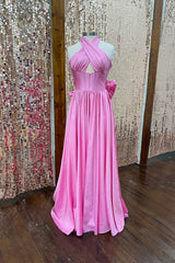 A-line Long Pink Evening Dress Halter Taffeta with Bow Mychicdress