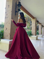 A Line Long Sleeves Burgundy Prom Dresses Satin with Pearls