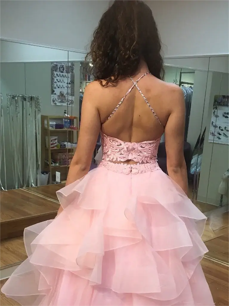 A Line Pink Lace 2 Piece Prom Dresses with Ruffles Skirt