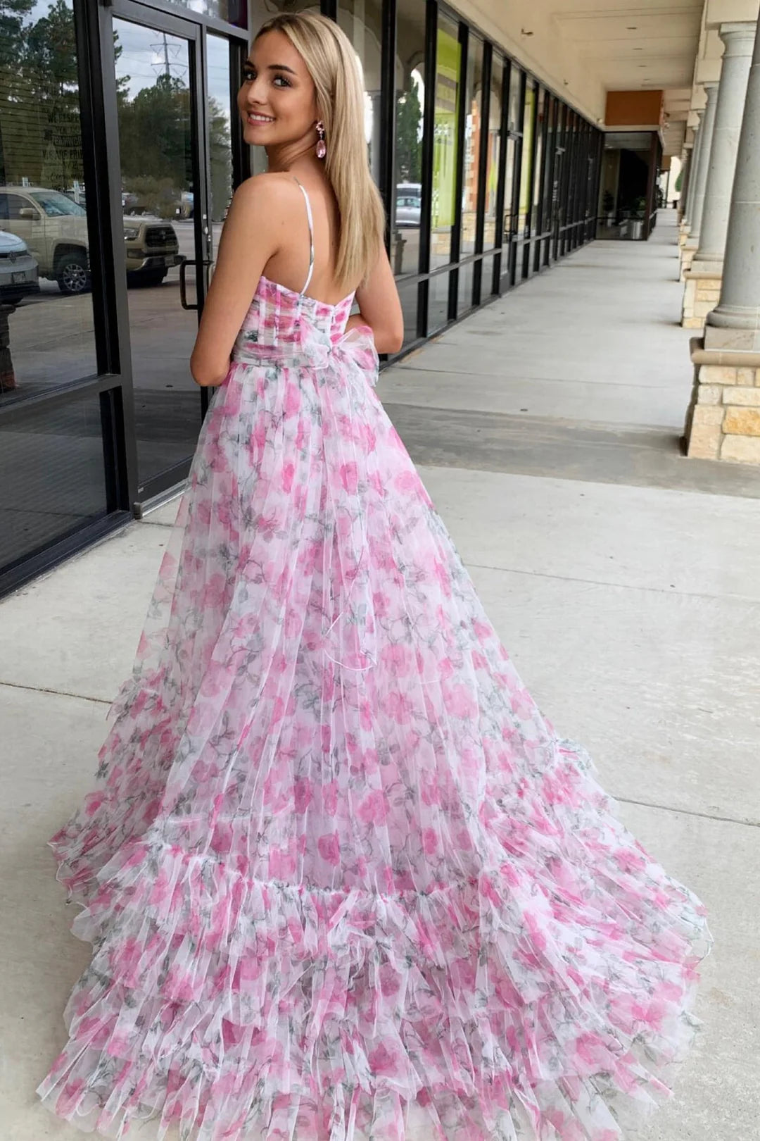 A-Line Pink Printed Formal Dress US Halter with Keyhole Summer Maxi Dress Mychicdress