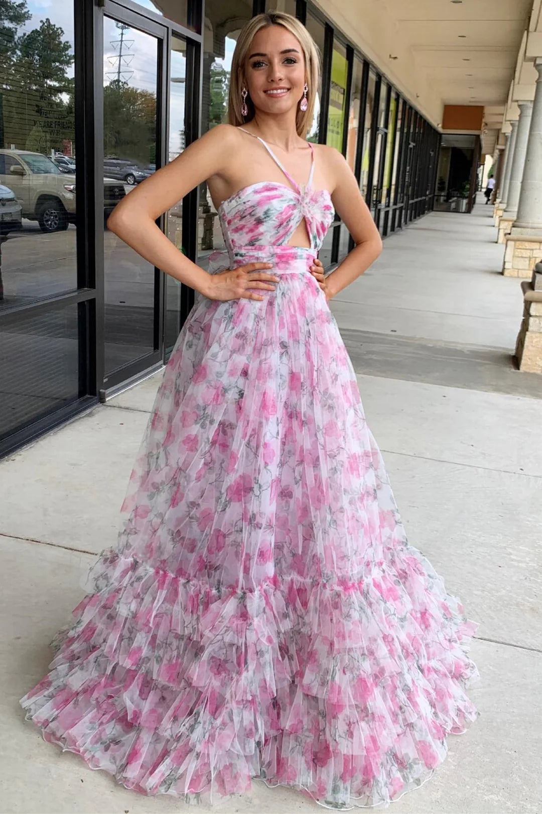 A-Line Pink Printed Formal Dress US Halter with Keyhole Summer Maxi Dress Mychicdress