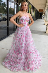 A-Line Pink Printed Formal Dress US Halter with Keyhole Summer Maxi Dress Mychicdress
