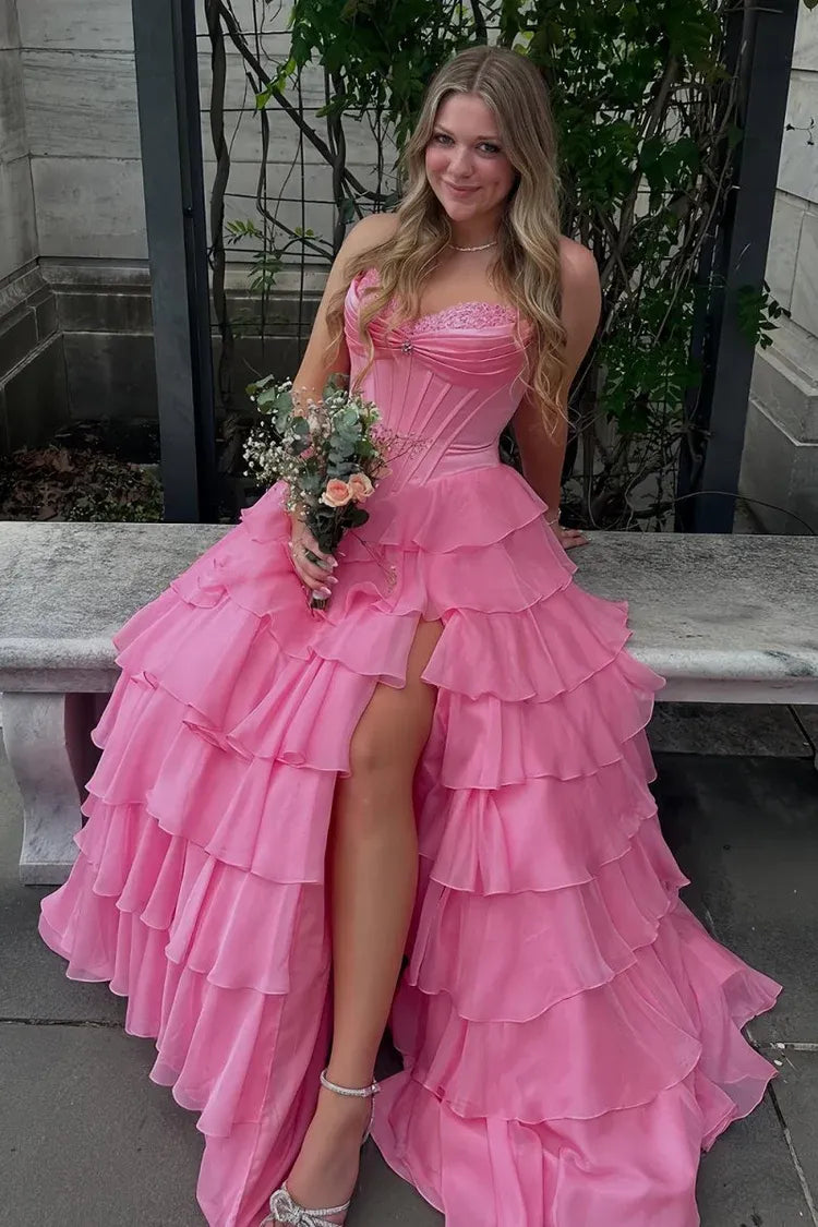 A Line pink Prom Dresses Chiffon Ruffled Sweetheart With Beading