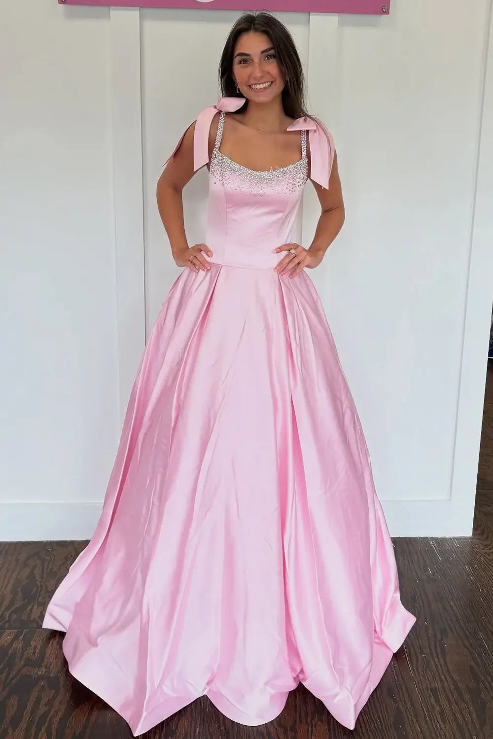 A Line Pink Prom Dresses Satin Beaded Long Formal Dress Bow Straps