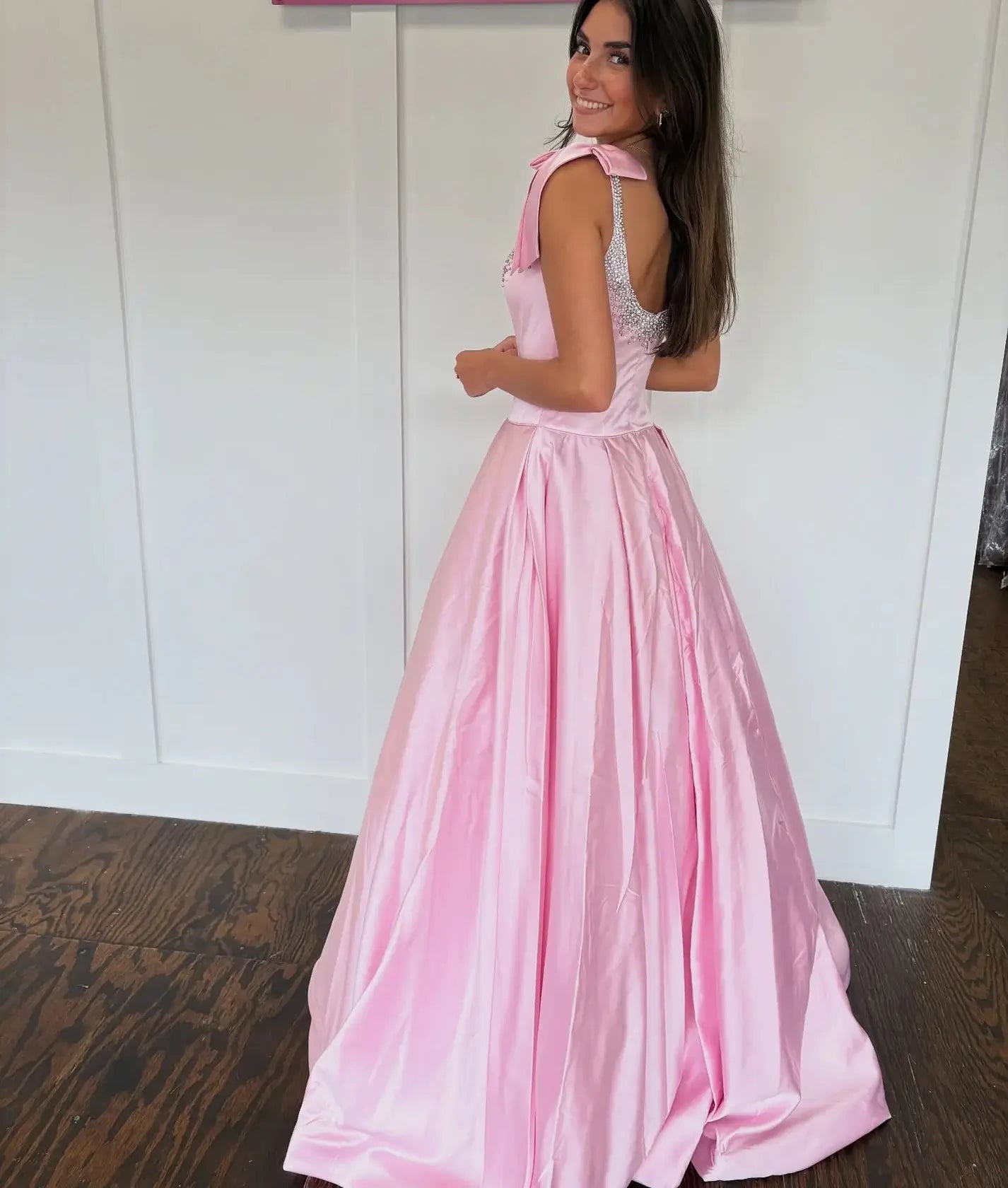 pink satin evening gown