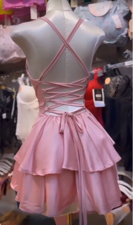 A-line Pink Satin Homecoming Dress under 100