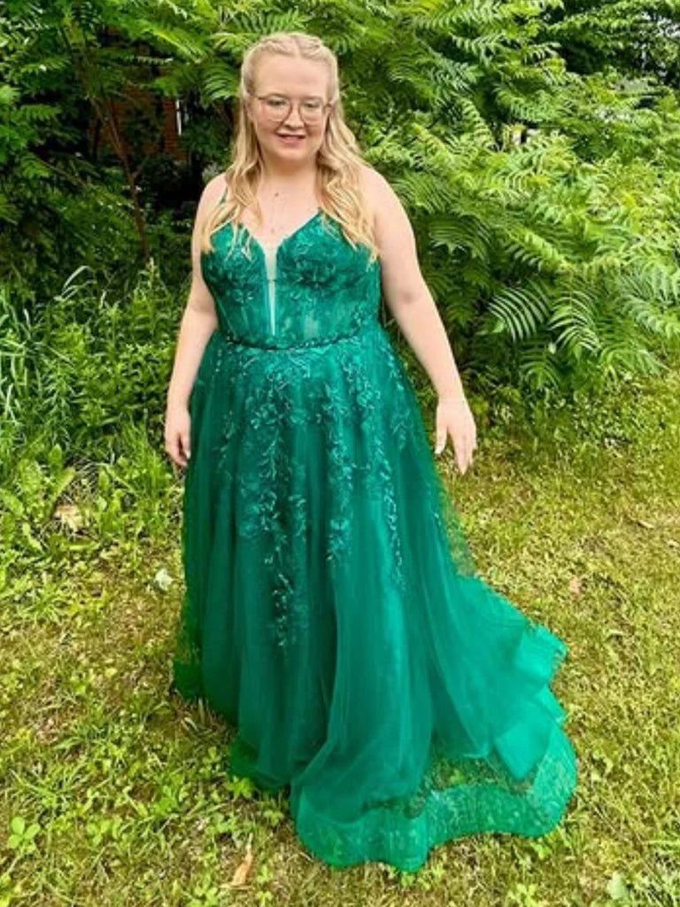 A Line Plus Size PromDresses Green Lace V Neck Open Back