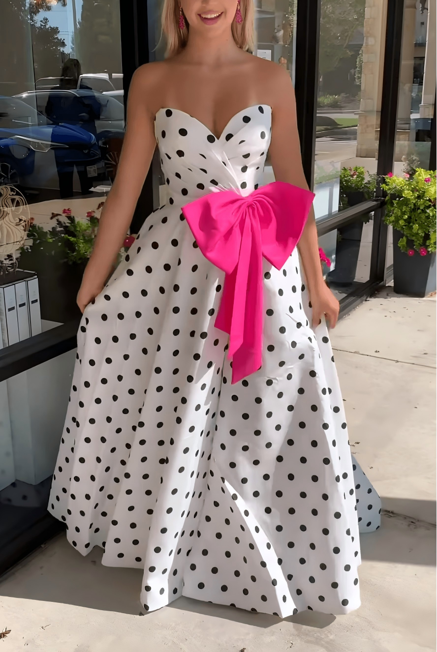 A-Line Polka Dot Prom Dresses Satin Strapless with Bowknot Mychicdress