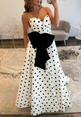 A-Line Polka Dot Prom Dresses Satin Strapless with Bowknot Mychicdress
