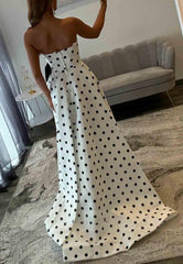 A-Line Polka Dot Prom Dresses Satin Strapless with Bowknot Mychicdress