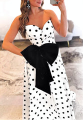A-Line Polka Dot Prom Dresses Satin Strapless with Bowknot Mychicdress