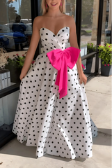 A-Line Polka Dot Prom Dresses Satin Strapless with Bowknot Mychicdress