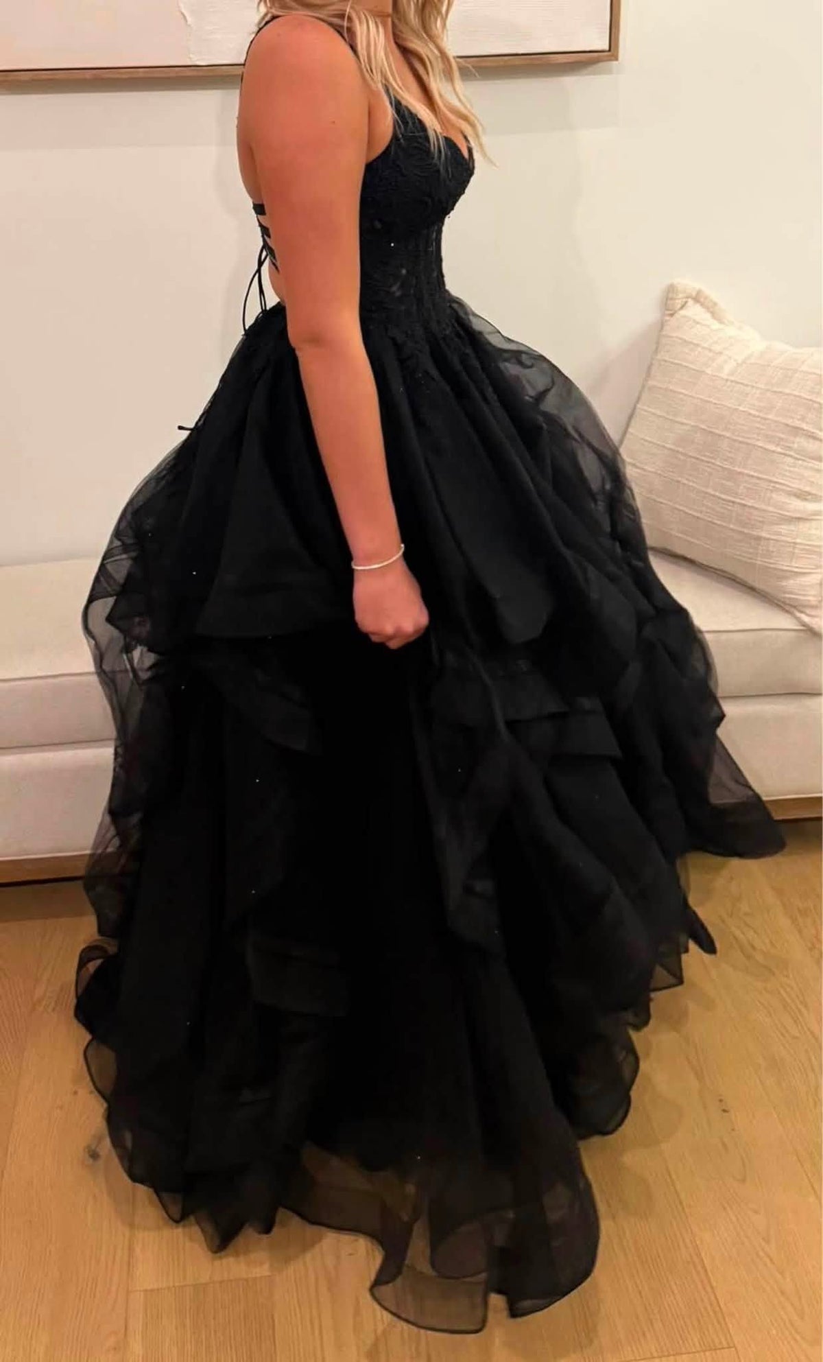 A Line Puffy Black V Neck Lace Formal Dress