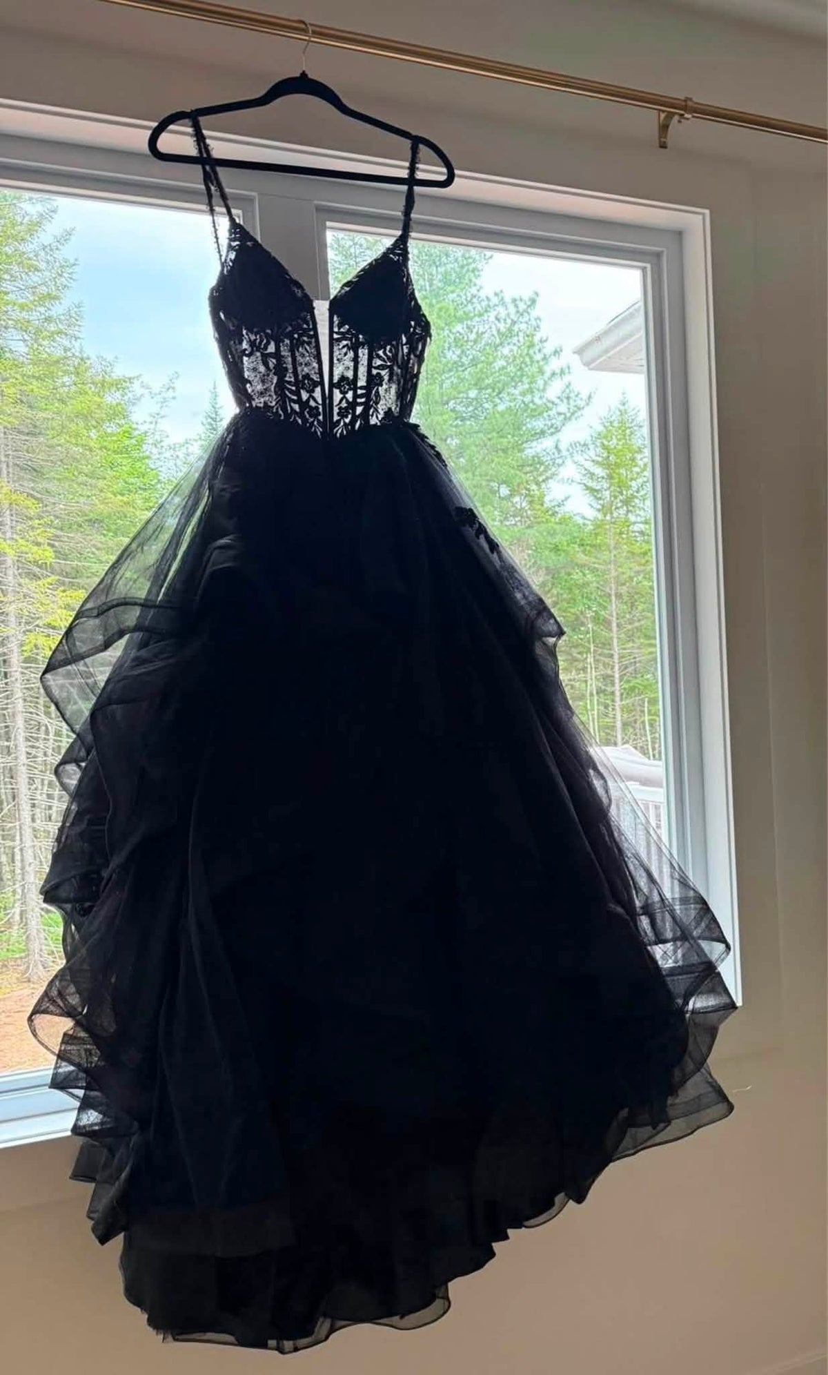A Line Puffy Black V Neck Lace Formal Dress