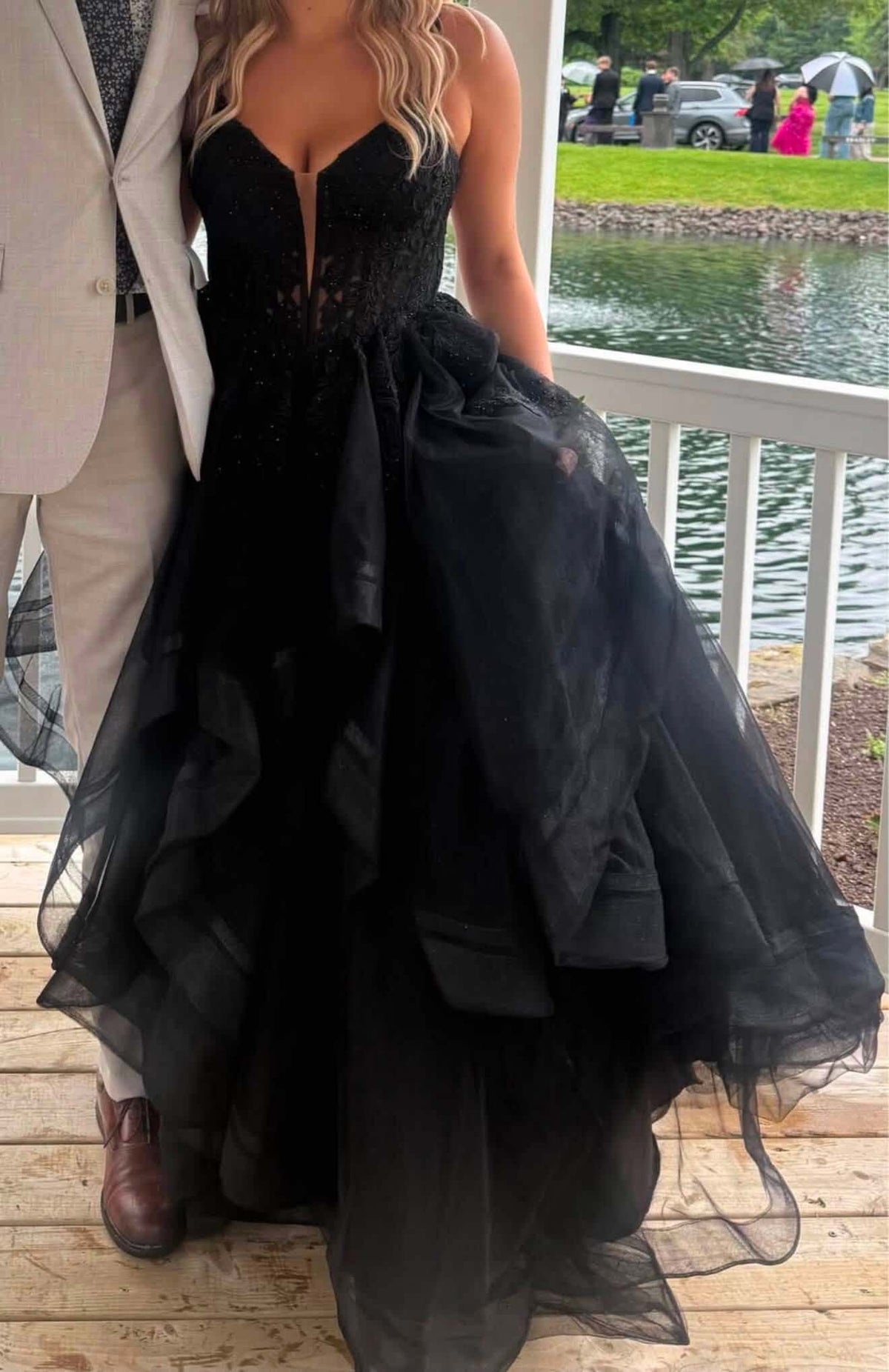 A Line Puffy Prom Dresses Yellow V Neck Lace Formal Dress