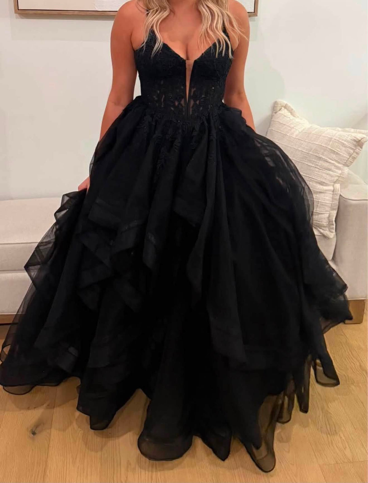 A Line Puffy Black V Neck Lace Formal Dress