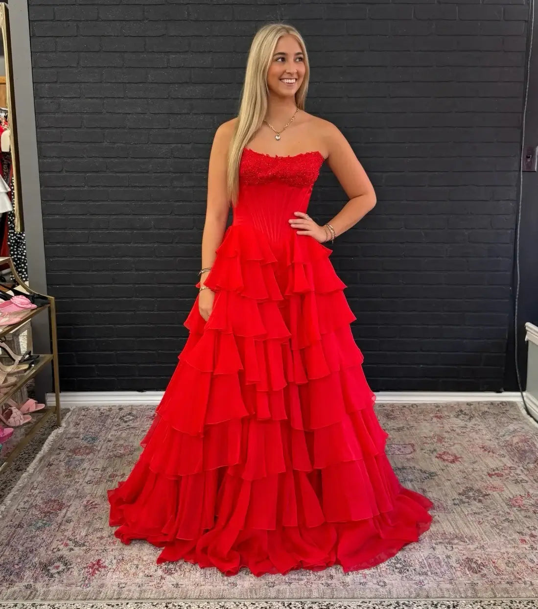 A Line Red Corset Prom Dresses Lace Chiffon Strapless with Ruffles