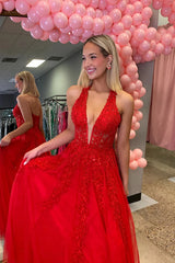 A LIne Red Halter Lace Prom Dress UK with Beaded Applique