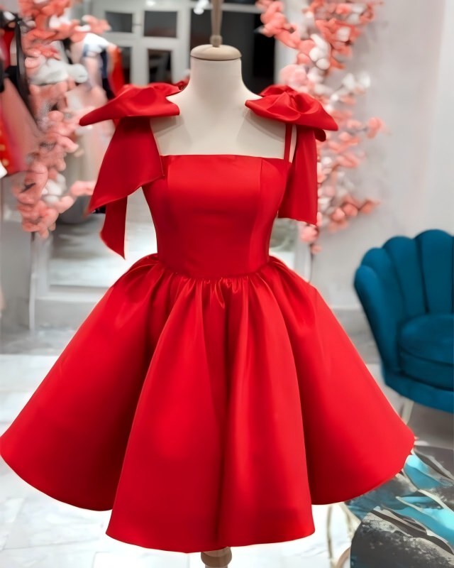 A Line Red Mini Satin Homecoming Dress Bow Straps Short Party Dresses