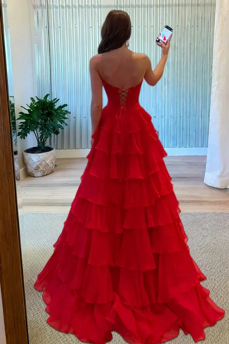 A Line red Prom Dresses Chiffon Ruffled Sweetheart With Beading