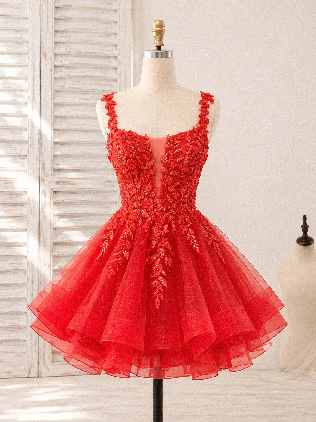 A-line Red Lace Short Hoco Dress Near me Straps Tulle Dama Dress