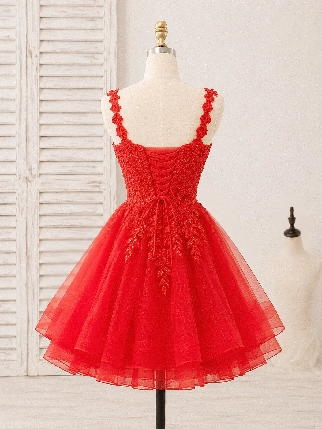A-line Red Lace Short Hoco Dress Near me Straps Tulle Dama Dress