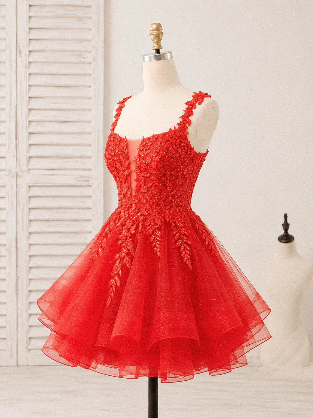 A-line Red Lace Short Hoco Dress Near me Straps Tulle Dama Dress