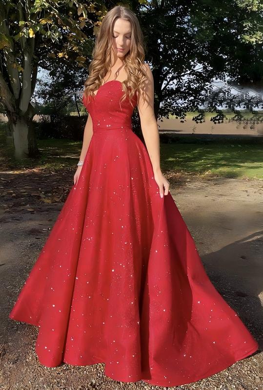 A Line Red Strapless Glitter Evening Dress Sequin Sweetheart