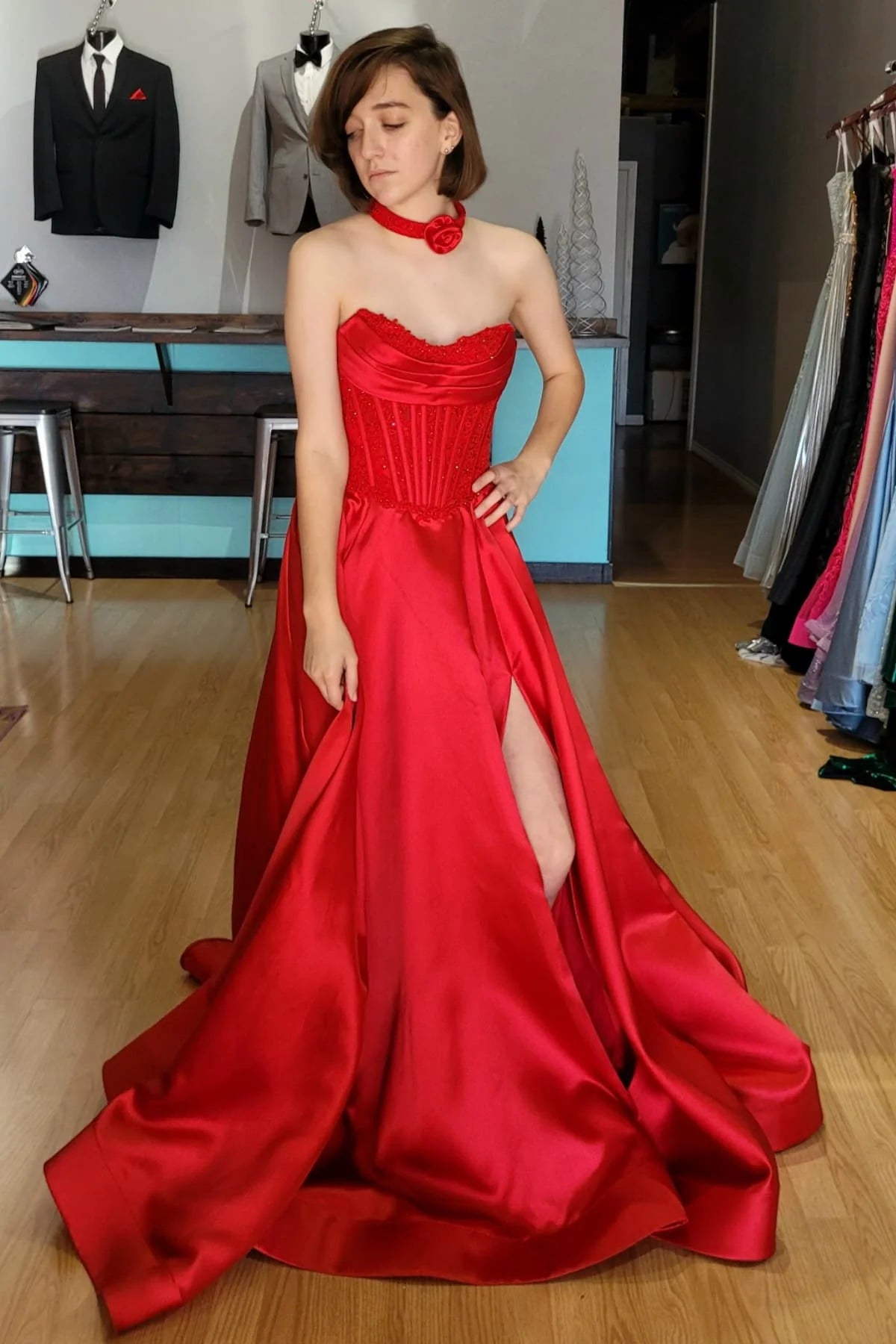 A-line Red Strapless Prom Dress UK Ruched Beaded with Slit Mychicdress
