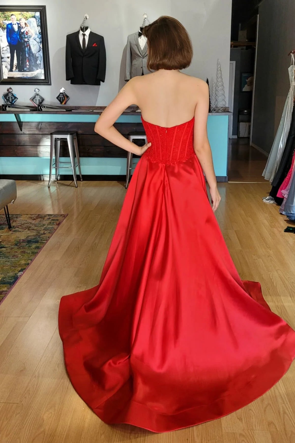 A-line Red Strapless Prom Dress UK Ruched Beaded with Slit Mychicdress
