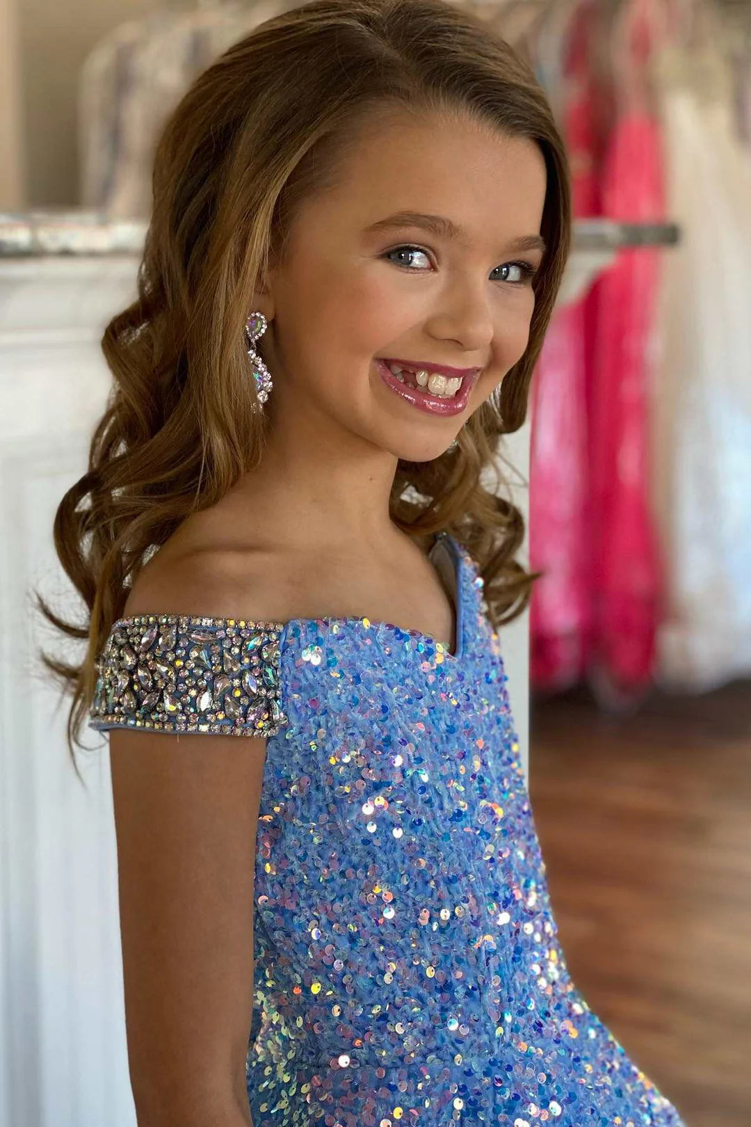 A-Line Iridescent Sequin Girl Pageant Dress Off-the-Shoulder Mychicdress