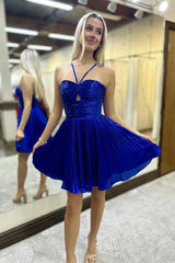 A Line Royal Blue Metallic Homecoming Dress Short Halter With Keyhole Mychicdress