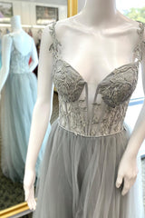 A-line Sage Green Prom Dress Lace Chiffon Evening Dress Long