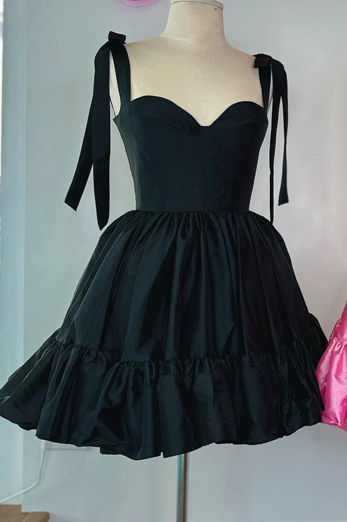 A-Line Satin Black Homecoming Dress Ruched with Bow Strap Sleeveless