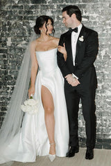 A-Line Satin Plain Wedding Dress White Strapless with Slit