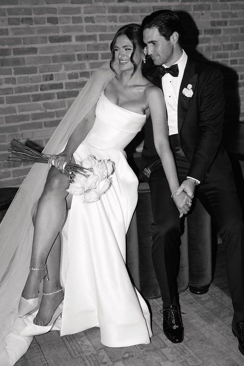 A-Line Satin Plain Wedding Dress White Strapless with Slit