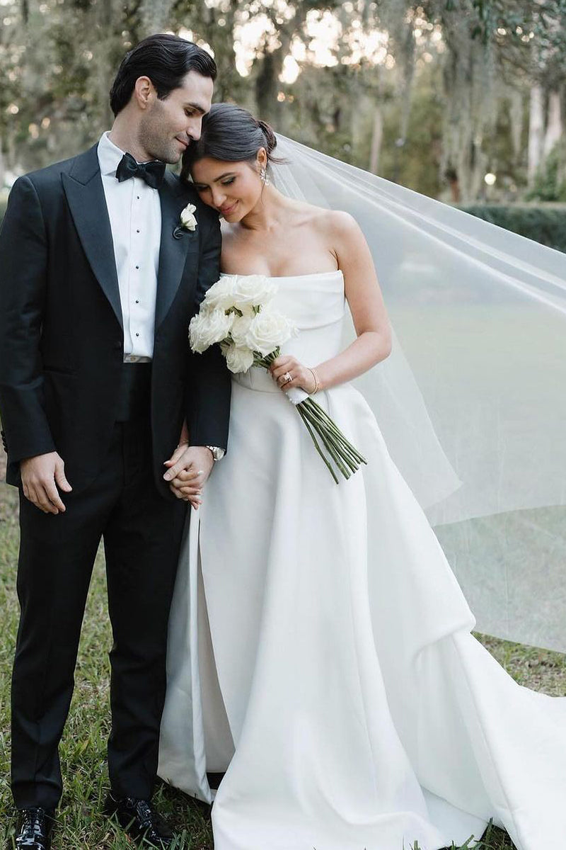 A-Line Satin Plain Wedding Dress White Strapless with Slit