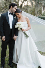 A-Line Satin Plain Wedding Dress White Strapless with Slit