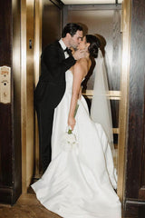 A-Line Satin Plain Wedding Dress White Strapless with Slit