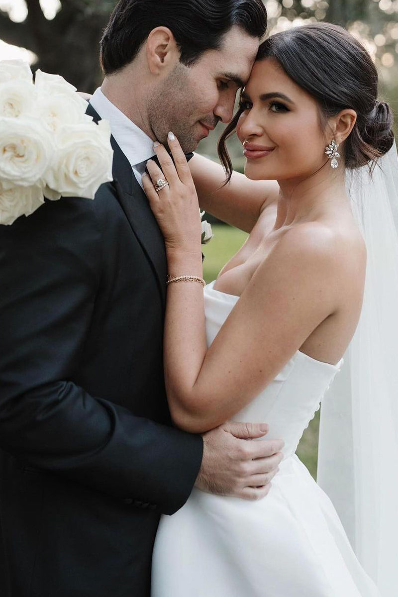 A-Line Satin Plain Wedding Dress White Strapless with Slit