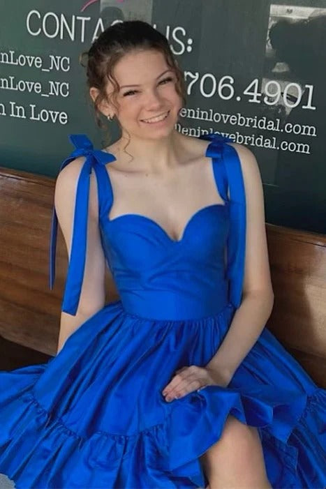 A-Line Satin royal BLue sweet 16 Dress Ruched with Bow Strap Sleeveless