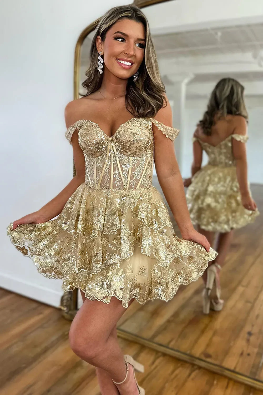 A Line Gold Homecoming Dress Corset Tiered Off the Shoulder Mychicdress