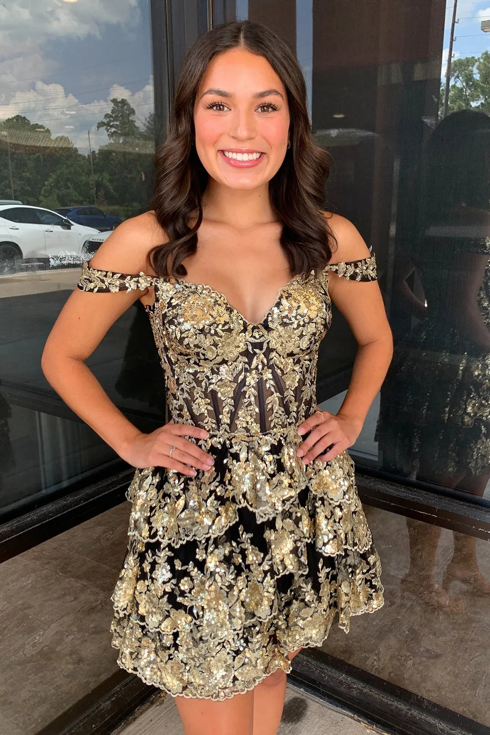 A Line Black Gold Corset Homecoming Dress Tiered Off the Shoulder Mychicdress