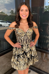 A Line Black Gold Corset Homecoming Dress Tiered Off the Shoulder Mychicdress