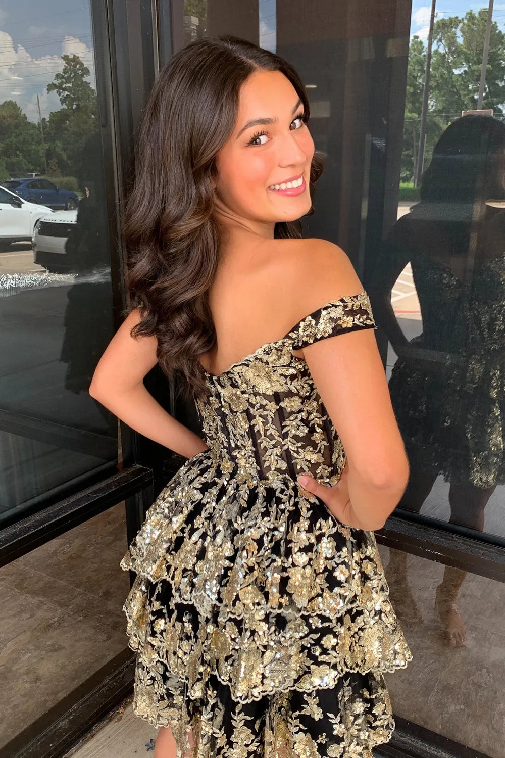A Line Black Gold Homecoming Dress Corset Tiered Off the Shoulder Mychicdress